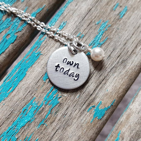 Own Today Necklace- Hand-Stamped Necklace "own today" with an accent bead in your choice of colors