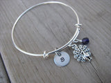 Peacock Charm Bracelet- Adjustable Bangle Bracelet with an Initial Charm and an Accent Bead of your choice