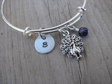 Peacock Charm Bracelet- Adjustable Bangle Bracelet with an Initial Charm and an Accent Bead of your choice