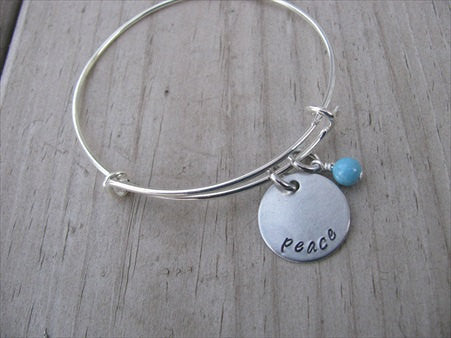 Peace Inspiration Bracelet- "peace"  - Hand-Stamped Bracelet- Adjustable Bangle Bracelet with an accent bead of your choice