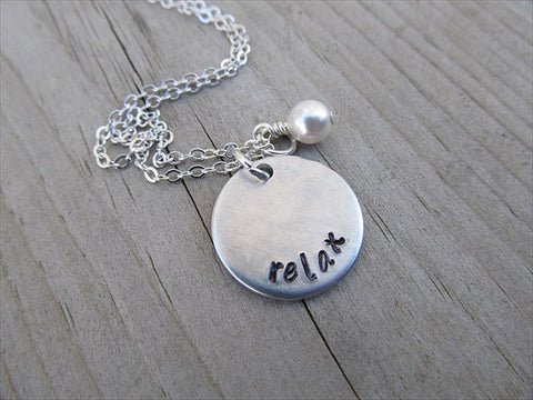 Relax Inspiration Necklace- "relax"  - Hand-Stamped Necklace with an accent bead of your choice