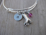 Roller Skate Charm Bracelet- Adjustable Bangle Bracelet with an Initial Charm and an Accent Bead of your choice
