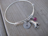 Roller Skate Charm Bracelet- Adjustable Bangle Bracelet with an Initial Charm and an Accent Bead of your choice
