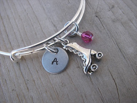 Roller Skate Charm Bracelet- Adjustable Bangle Bracelet with an Initial Charm and an Accent Bead of your choice