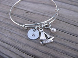 Sailboat Charm Bracelet- Adjustable Bangle Bracelet with an Initial Charm and an Accent Bead of your choice