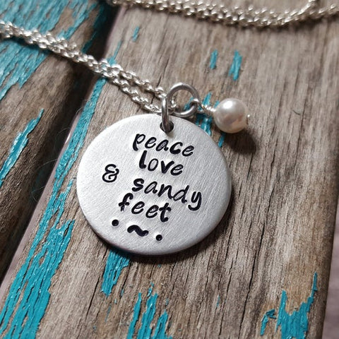 Sandy Feet Necklace- Hand-Stamped Necklace "peace love & sandy feet" with an accent bead in your choice of colors