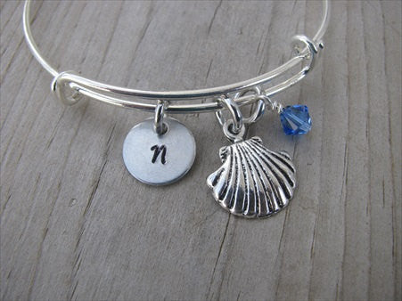 Seashell Charm Bracelet- Adjustable Bangle Bracelet with an Initial Charm and an Accent Bead of your choice