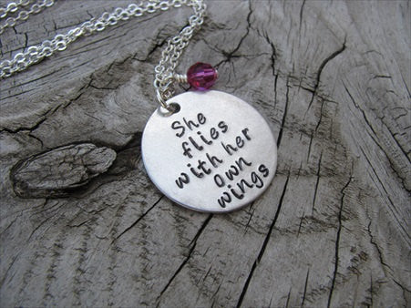 She Flies With Her Own Wings Inspiration Necklace- "She flies with her own wings"  - Hand-Stamped Necklace with an accent bead in your choice of colors