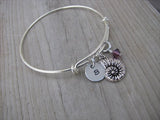 Seashell Charm Bracelet- Adjustable Bangle Bracelet with an Initial Charm and an Accent Bead of your choice