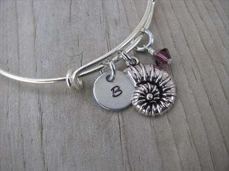 Seashell Charm Bracelet- Adjustable Bangle Bracelet with an Initial Charm and an Accent Bead of your choice