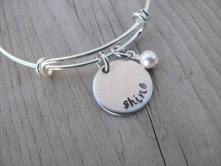 Shine Inspiration Bracelet- "shine"  - Hand-Stamped Bracelet  -Adjustable Bangle Bracelet with an accent bead of your choice