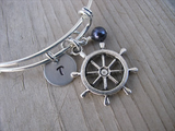 Ship's Wheel Charm Bracelet- Adjustable Bangle Bracelet with an Initial Charm and an Accent Bead of your choice