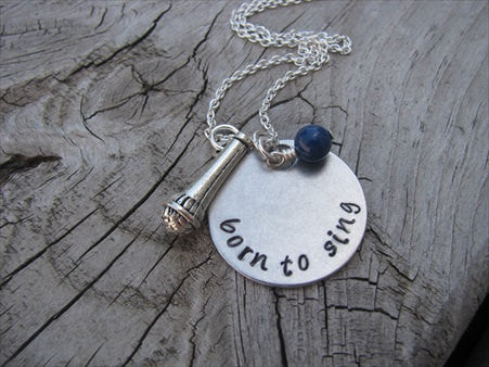 Born to Sing Inspiration Necklace- "born to sing" with microphone charm  - Hand-Stamped Necklace with an accent bead in your choice of colors