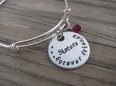 Sisters Inspiration Bracelet- "Sisters...forever friends" - Hand-Stamped Bracelet- Adjustable Bangle Bracelet with an accent bead of your choice