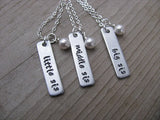 Three Sisters Necklace Set- 3 Necklace Set- "big sis", "middle sis", "little sis" rectangle pendants- Hand-Stamped Necklaces  -with an accent bead of your choice