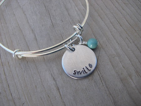 Smile Inspiration Bracelet- "smile"  - Hand-Stamped Bracelet- Adjustable Bangle Bracelet with an accent bead of your choice