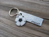 Soccer Keychain- with name of your choice or "soccer" with a soccer ball charm- Keychain- Small, Textured, Rectangle Key Chain