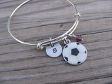 Soccer Charm Bracelet- Adjustable Bangle Bracelet with an Initial Charm and an Accent Bead of your choice