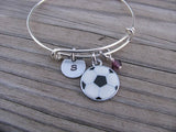 Soccer Charm Bracelet- Adjustable Bangle Bracelet with an Initial Charm and an Accent Bead of your choice