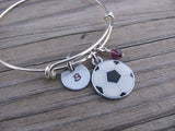 Soccer Charm Bracelet- Adjustable Bangle Bracelet with an Initial Charm and an Accent Bead of your choice