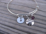 Softball/Baseball Charm Bracelet- Adjustable Bangle Bracelet with an Initial Charm and an Accent Bead of your choice