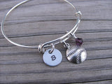 Softball/Baseball Charm Bracelet- Adjustable Bangle Bracelet with an Initial Charm and an Accent Bead of your choice