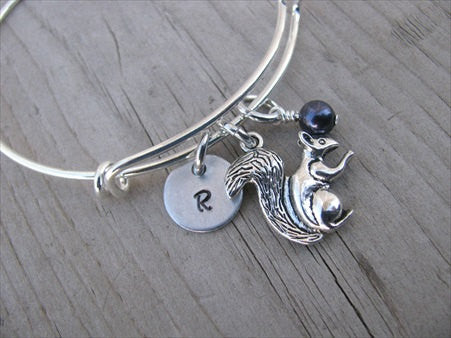 Squirrel Charm Bracelet -Adjustable Bangle Bracelet with an Initial Charm and an Accent Bead of your choice