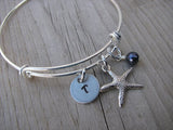 Starfish Charm Bracelet- Adjustable Bangle Bracelet with an Initial Charm and an Accent Bead of your choice