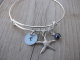 Starfish Charm Bracelet- Adjustable Bangle Bracelet with an Initial Charm and an Accent Bead of your choice