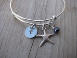 Starfish Charm Bracelet- Adjustable Bangle Bracelet with an Initial Charm and an Accent Bead of your choice
