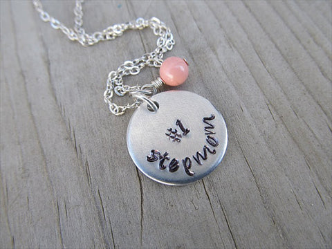 Stepmom Inspiration Necklace - "#1 stepmom" - Hand-Stamped Necklace with an accent bead in your choice of colors
