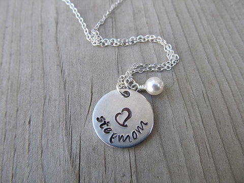 Stepmom Inspiration Necklace- "stepmom" with a stamped heart - Hand-Stamped Necklace with an accent bead in your choice of colors