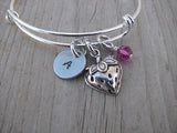 Strawberry Charm Bracelet- Adjustable Bangle Bracelet with an Initial Charm and an Accent Bead of your choice