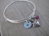 Strawberry Charm Bracelet- Adjustable Bangle Bracelet with an Initial Charm and an Accent Bead of your choice