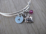 Strawberry Charm Bracelet- Adjustable Bangle Bracelet with an Initial Charm and an Accent Bead of your choice