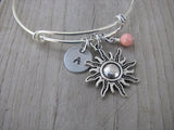 Sun Charm Bracelet- Adjustable Bangle Bracelet with an Initial Charm and an Accent Bead of your choice