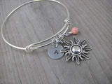 Sun Charm Bracelet- Adjustable Bangle Bracelet with an Initial Charm and an Accent Bead of your choice
