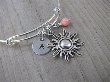 Sun Charm Bracelet- Adjustable Bangle Bracelet with an Initial Charm and an Accent Bead of your choice