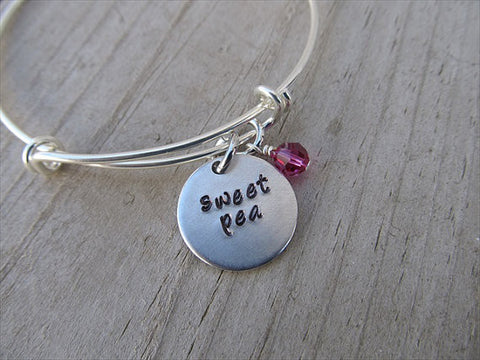 Sweet Pea Bracelet- "sweet pea"  - Hand-Stamped Bracelet- Adjustable Bangle Bracelet with an accent bead in your choice of colors