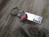 Teacher's Keychain- Hand-Stamped, Hand-Textured "Teach" keychain with red apple charm- gift for teacher, daycare provider- small, narrow keychain
