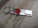 Teacher's Keychain- Hand-Stamped, Hand-Textured "Teach" keychain with red apple charm- gift for teacher, daycare provider- small, narrow keychain