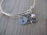 Tennis Charm Bracelet- Adjustable Bangle Bracelet with an Initial Charm and an Accent bead of your choice