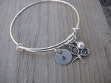 Tennis Charm Bracelet- Adjustable Bangle Bracelet with an Initial Charm and an Accent bead of your choice