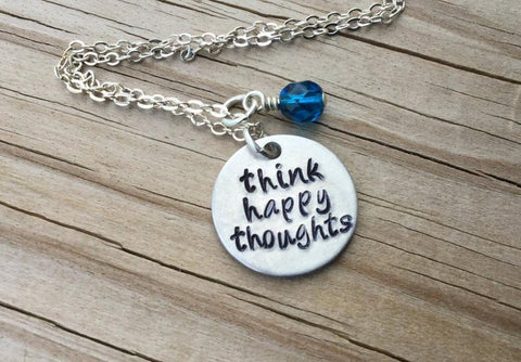 Think Happy Thoughts Necklace- "think happy thoughts"- Hand-Stamped Necklace with an accent bead in your choice of colors