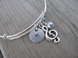 Treble Clef Charm Bracelet- Adjustable Bangle Bracelet with an Initial Charm and an Accent Bead of your choice