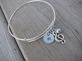 Treble Clef Charm Bracelet- Adjustable Bangle Bracelet with an Initial Charm and an Accent Bead of your choice