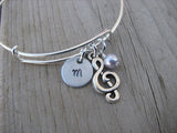 Treble Clef Charm Bracelet- Adjustable Bangle Bracelet with an Initial Charm and an Accent Bead of your choice