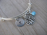 Tree Charm Bracelet- Adjustable Bangle Bracelet with an Initial Charm and an Accent Bead of your choice