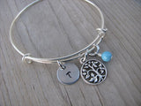 Tree Charm Bracelet- Adjustable Bangle Bracelet with an Initial Charm and an Accent Bead of your choice