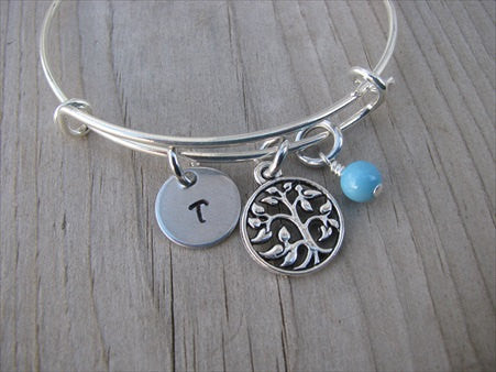 Tree Charm Bracelet- Adjustable Bangle Bracelet with an Initial Charm and an Accent Bead of your choice